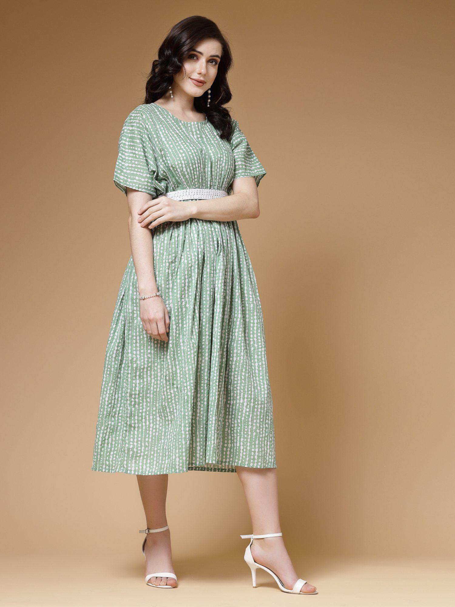 green printed cotton lurex midi dress with belt (set of 2)