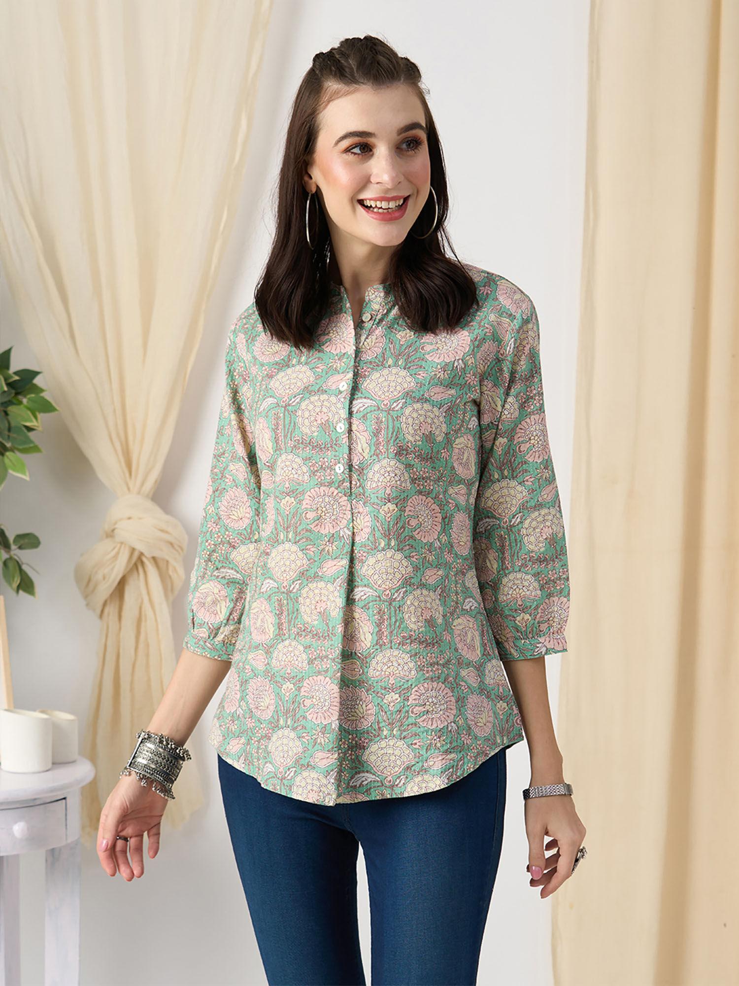 green printed cotton stitched short kurti for women