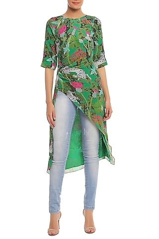 green printed cut out ruched tunic