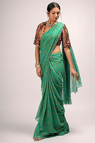green printed draped saree set