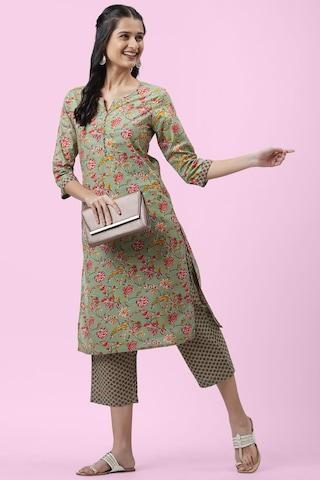 green printed ethnic round neck 3/4th sleeves knee length women regular fit kurta pant set