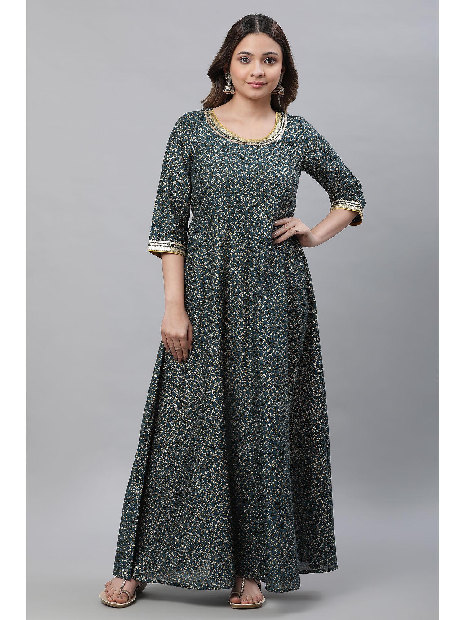 green printed festive long kalidar anarkali kurta