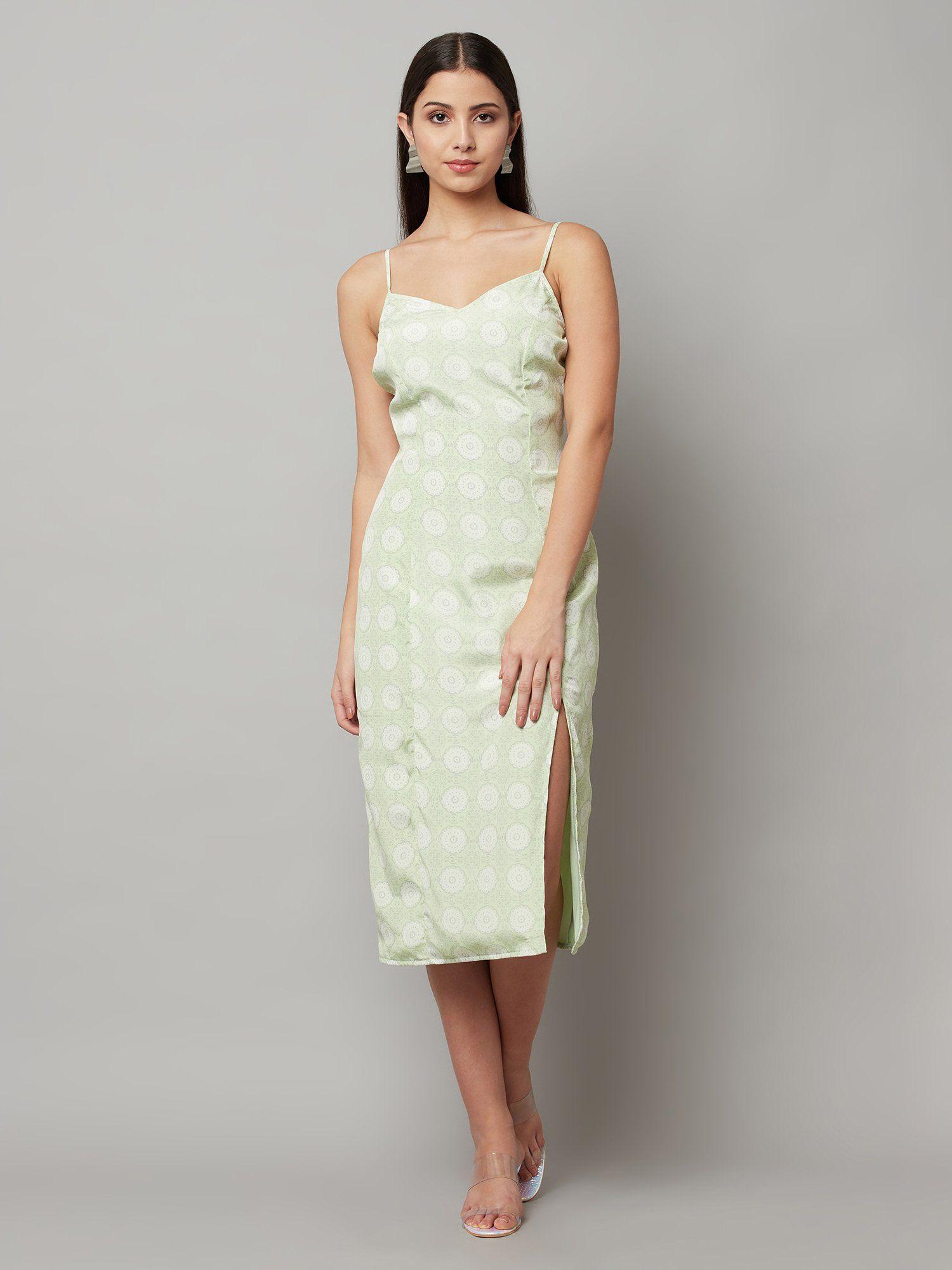 green printed floral side slit dress