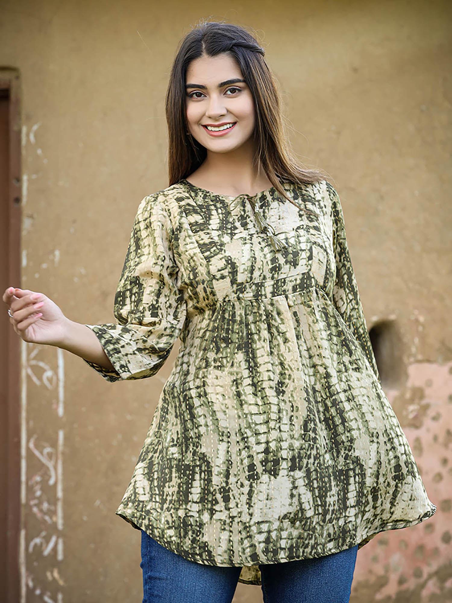 green printed french crepe tunic