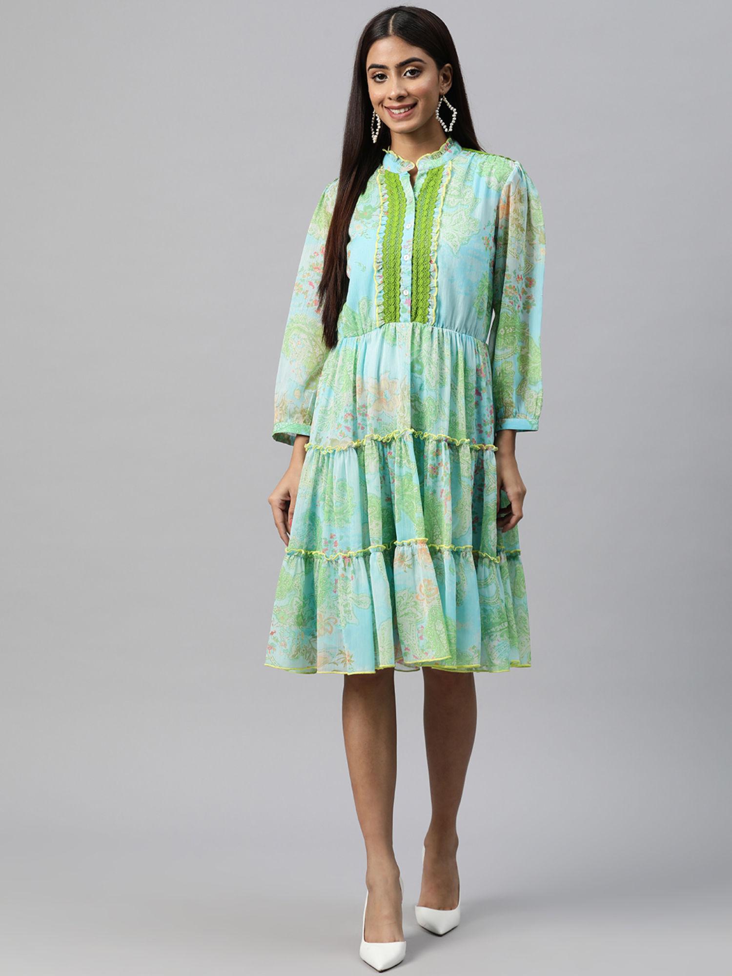 green printed gathered dress