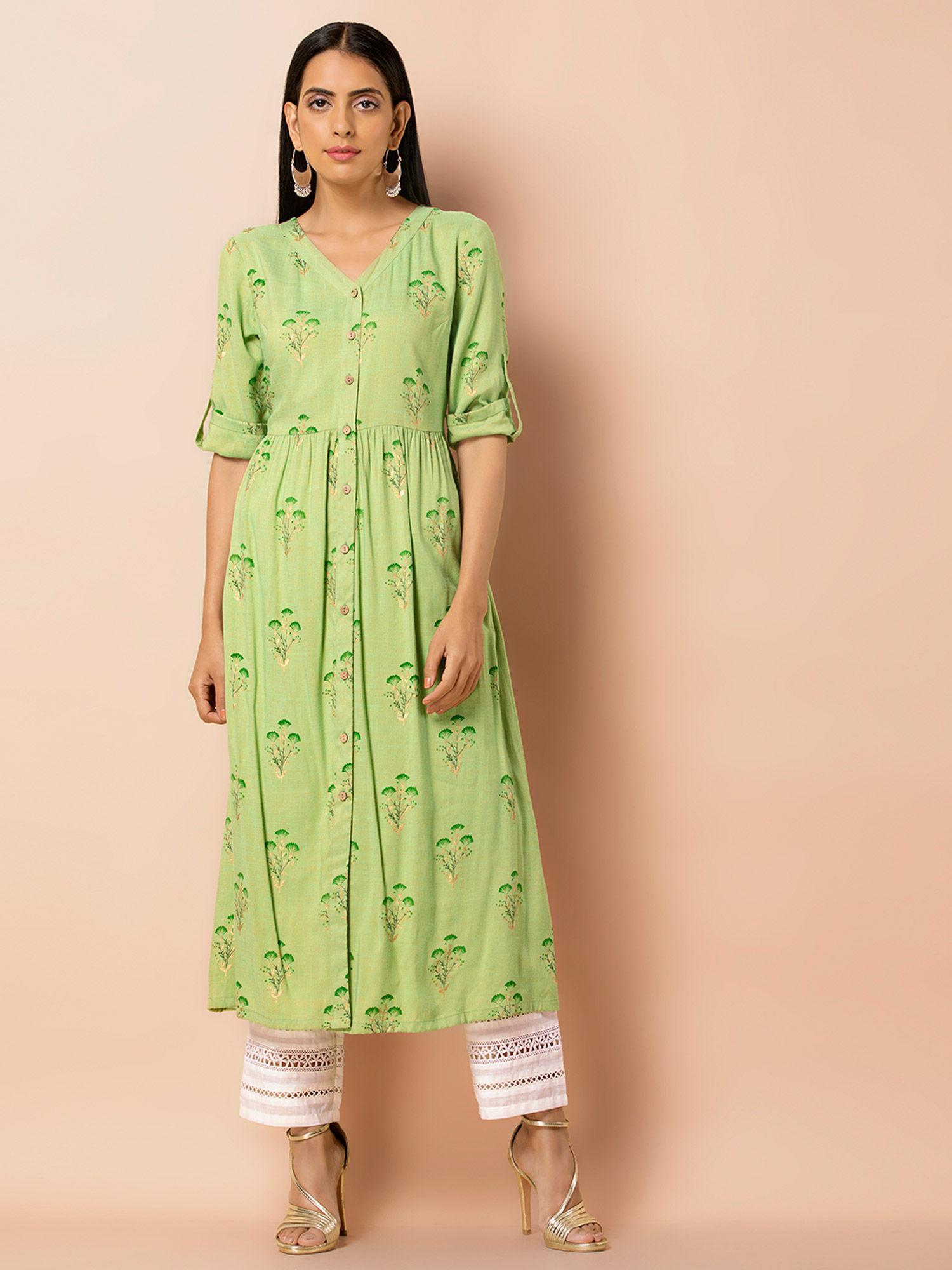 green printed gathered rayon tunic