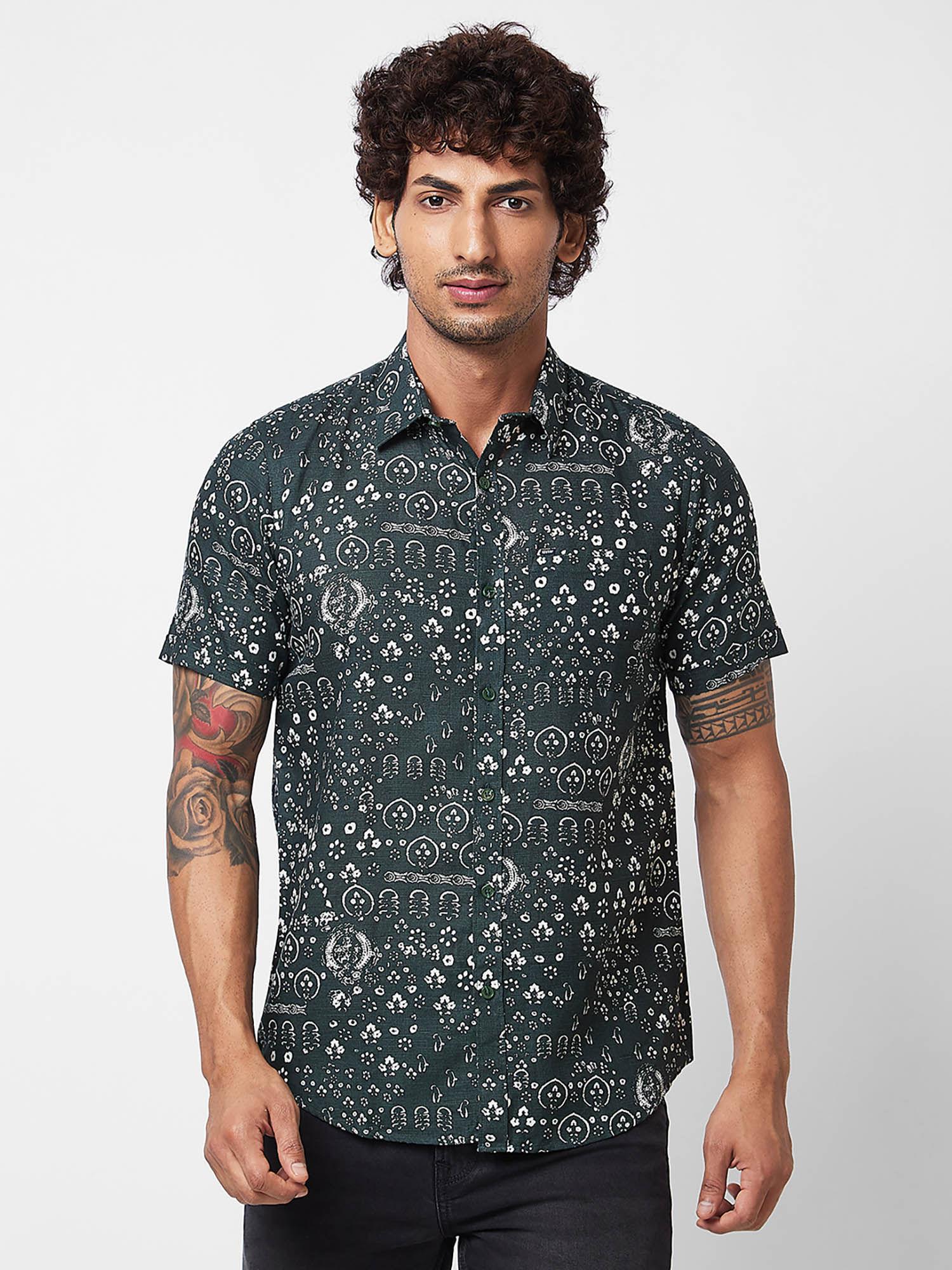 green printed half sleeve shirt for men