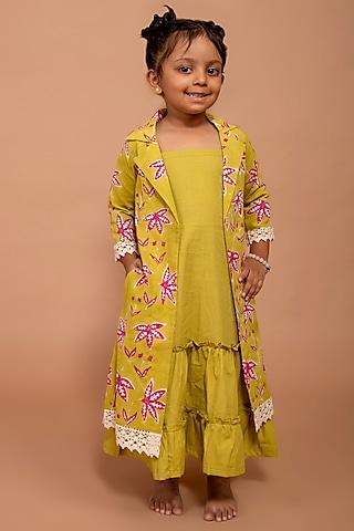 green printed jacket dress for girls