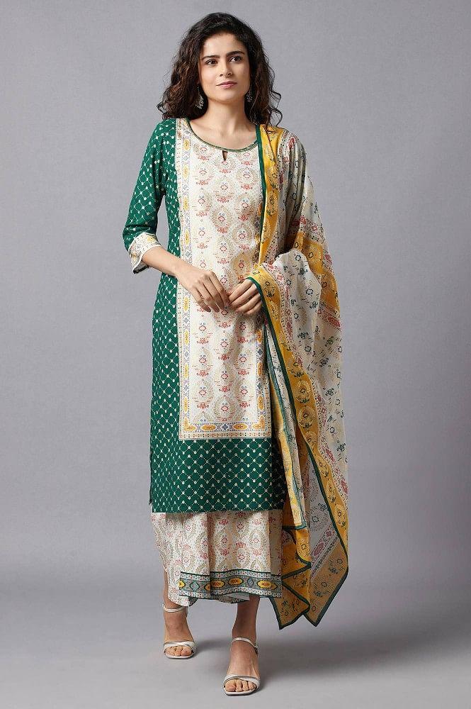 green printed kurta, culottes and dupatta set