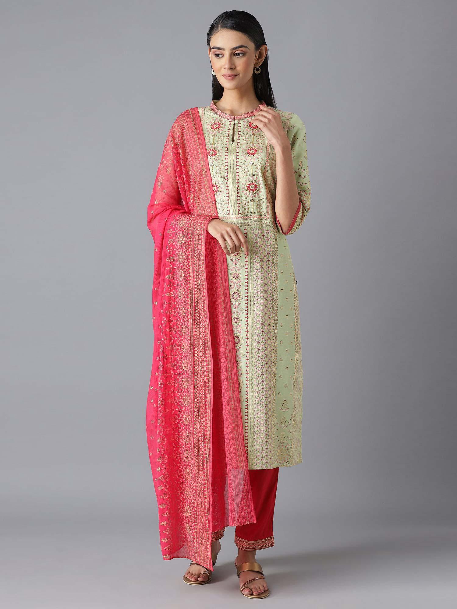 green printed kurta, pink trousers and dupatta (set of 3)