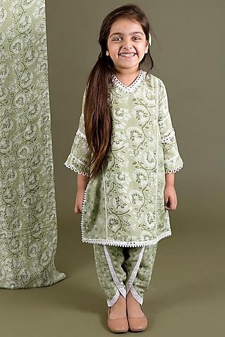 green printed kurta set for girls