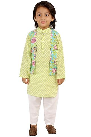 green printed kurta set with jacket for boys