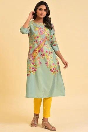 green printed kurta with decorative side metal ring