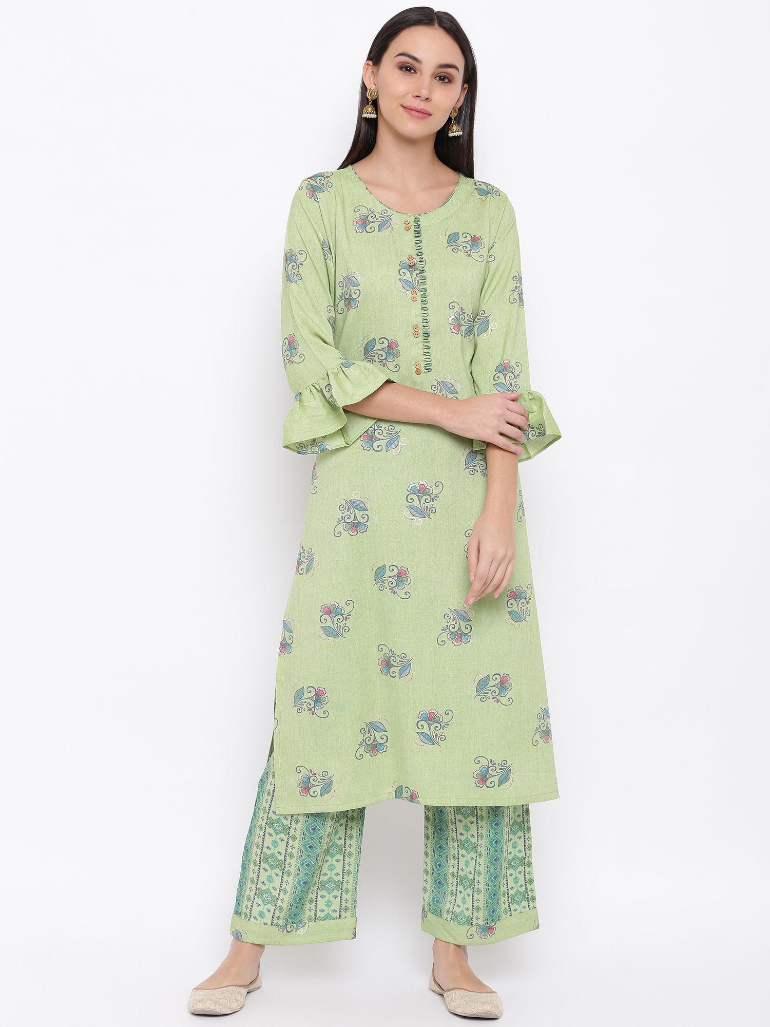 green printed kurta with pant (set of 2)