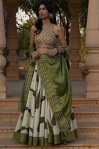 green printed lehenga set