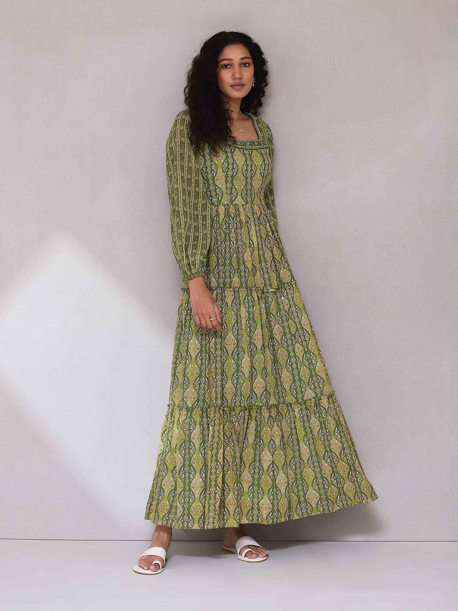 green printed long dress