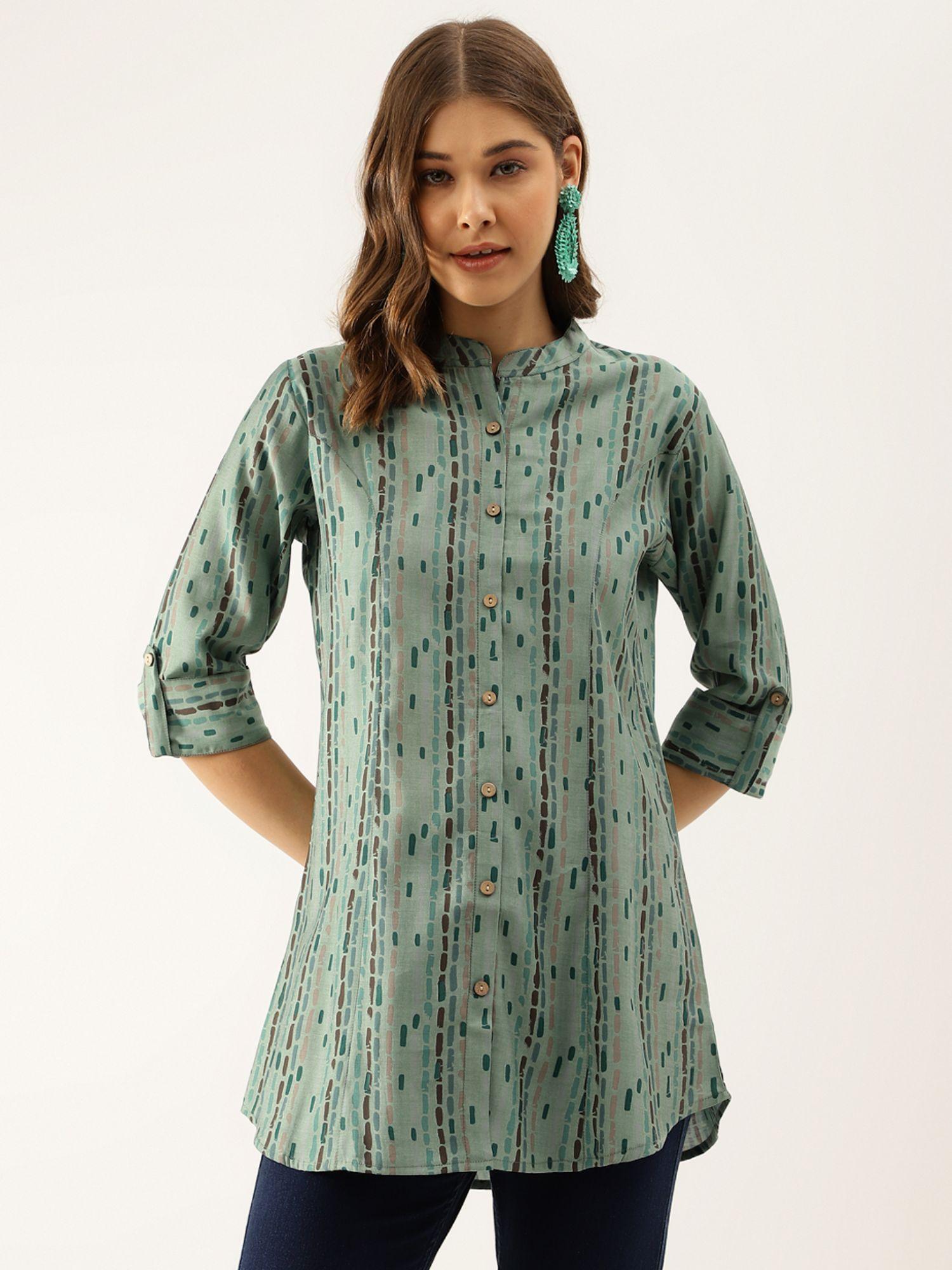 green printed modal chanderi regular fit top