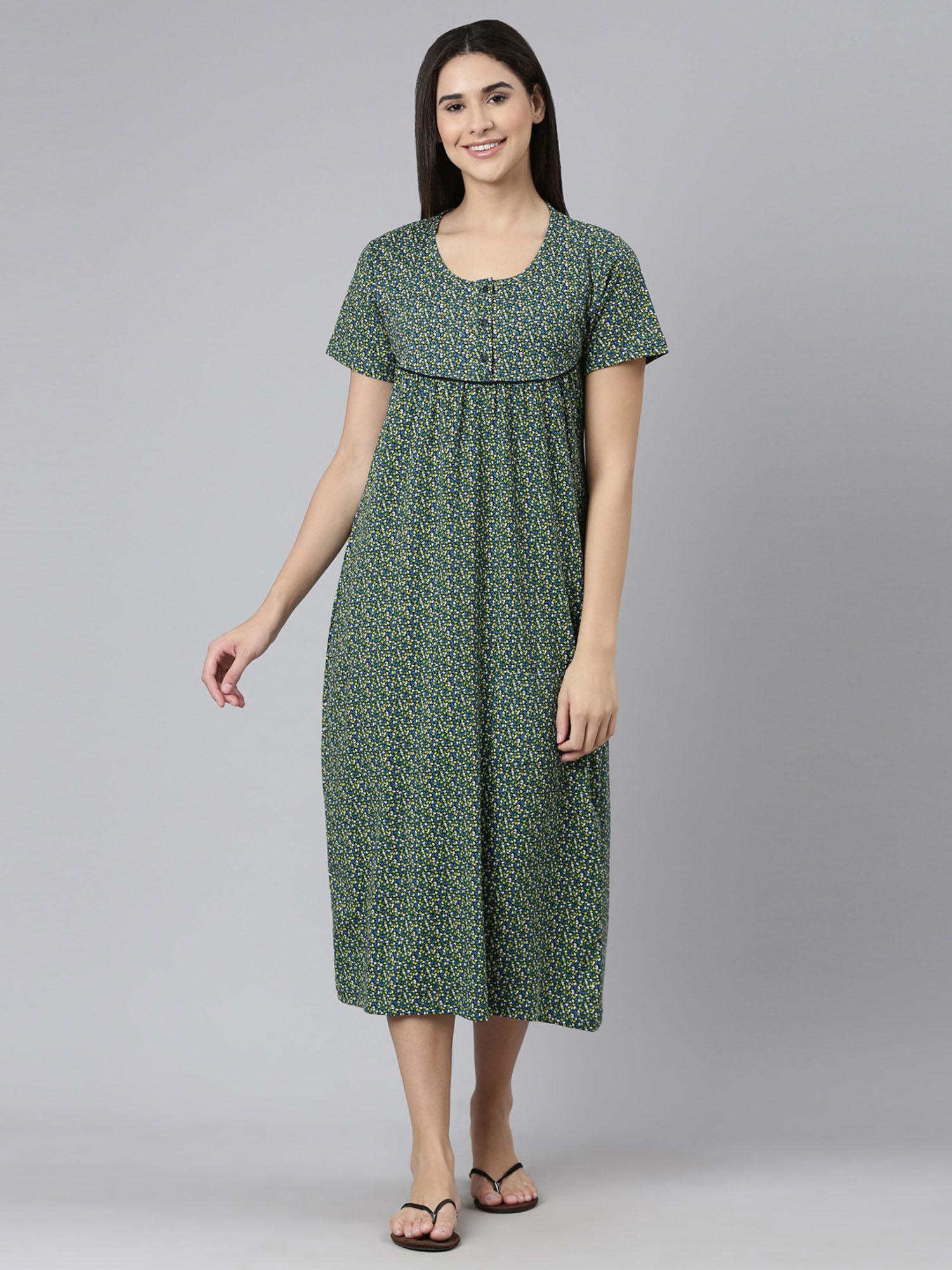 green printed nightdress for women