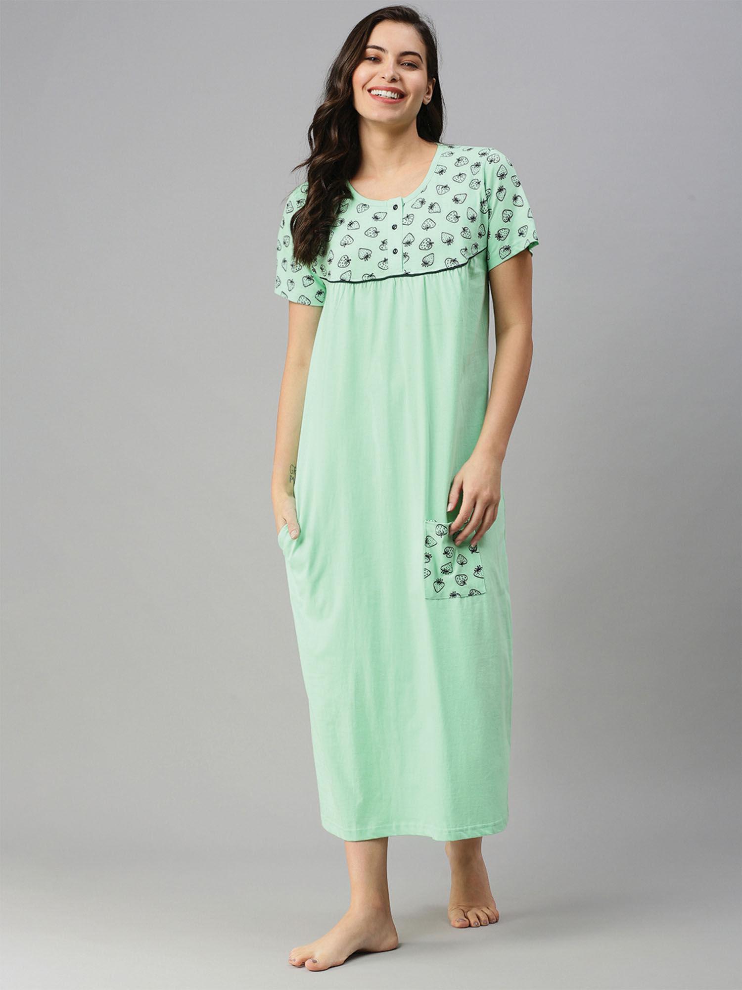 green printed nightdress for women