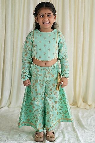 green printed palazzo pant set with hair bow clip for girls