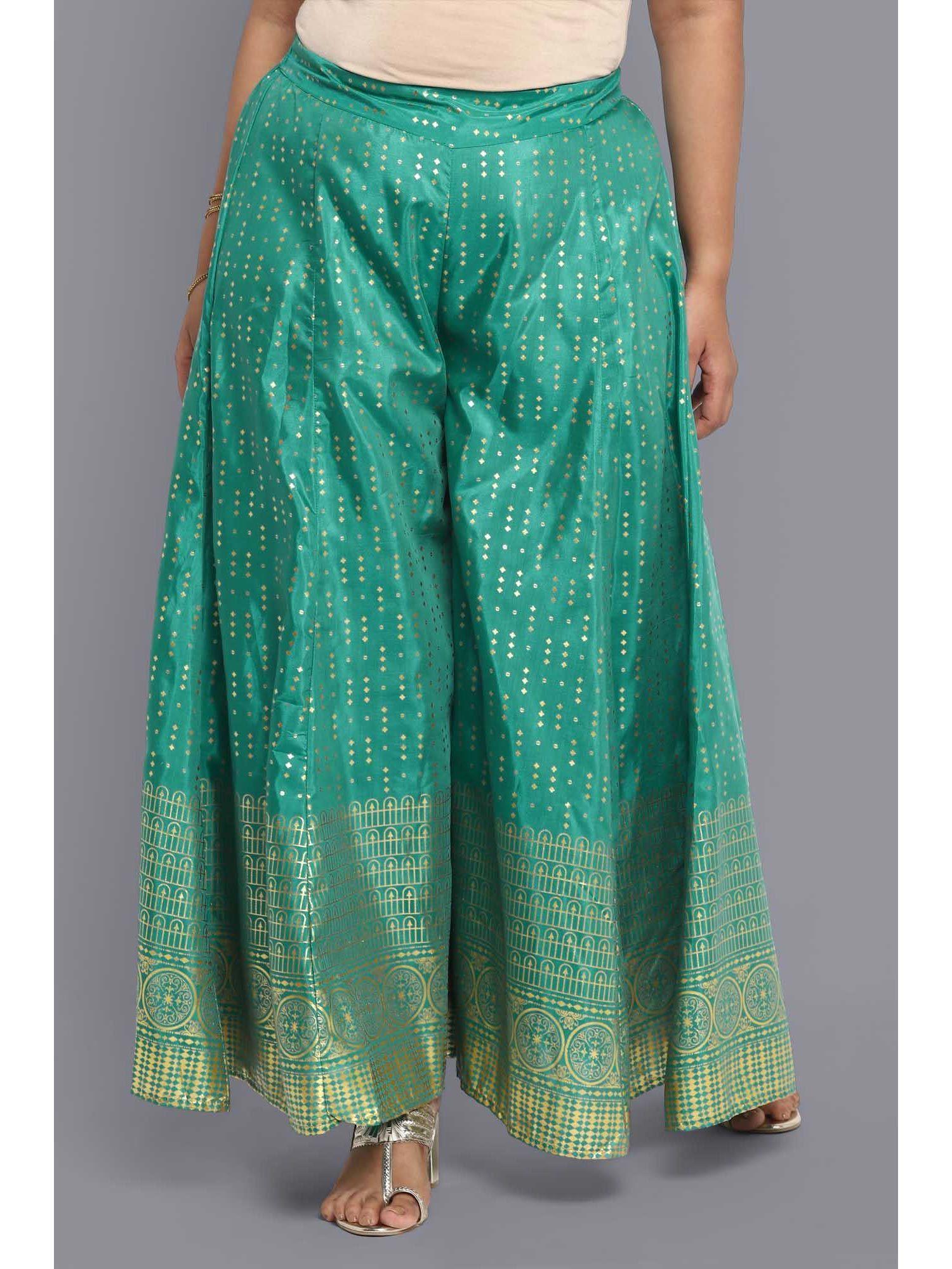 green printed palazzos