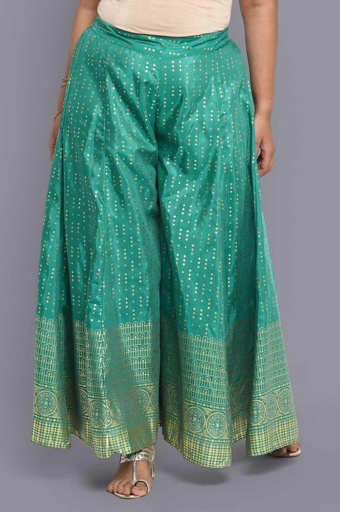 green printed palazzos