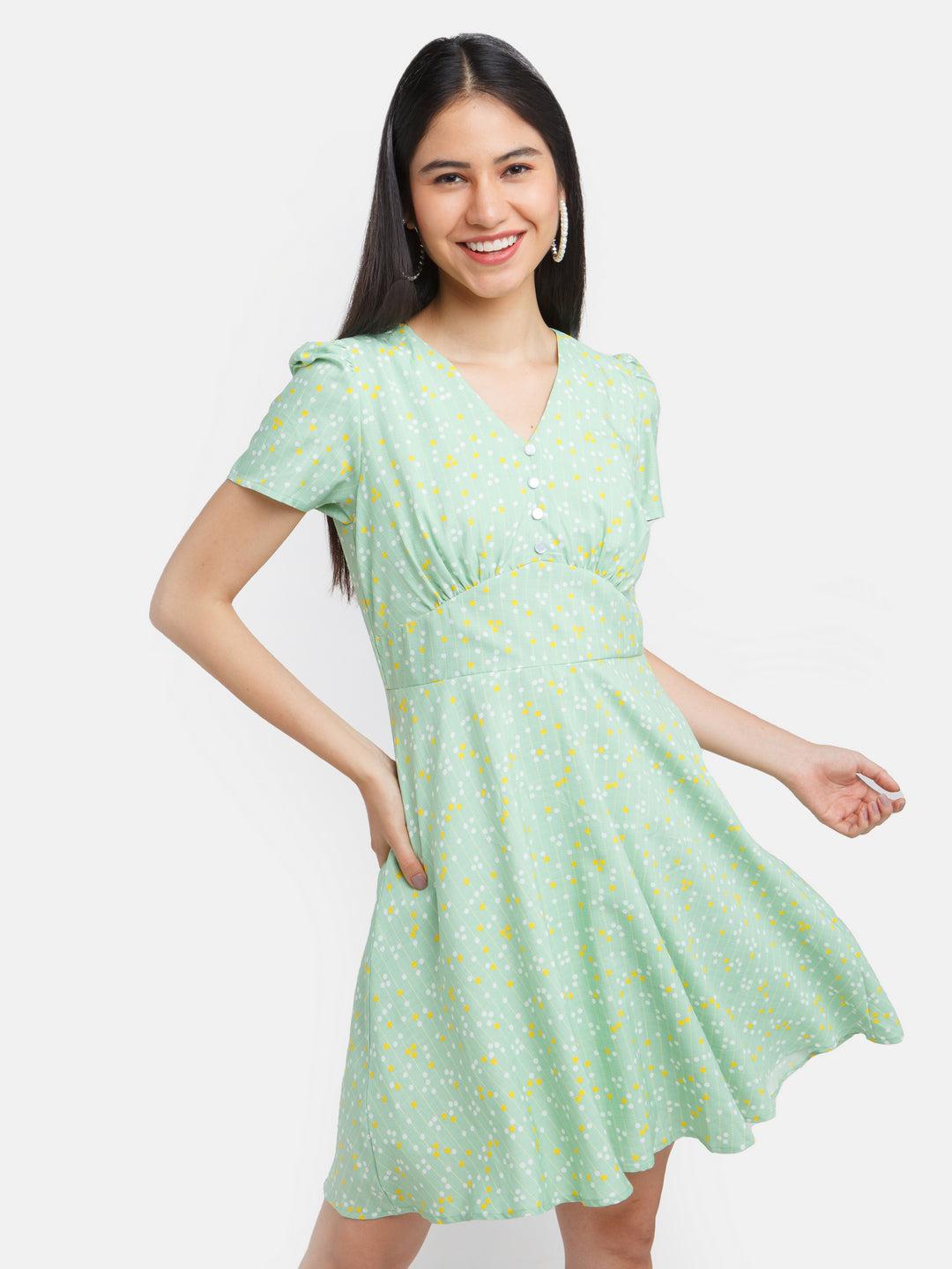 green printed puff sleeve short dress for women