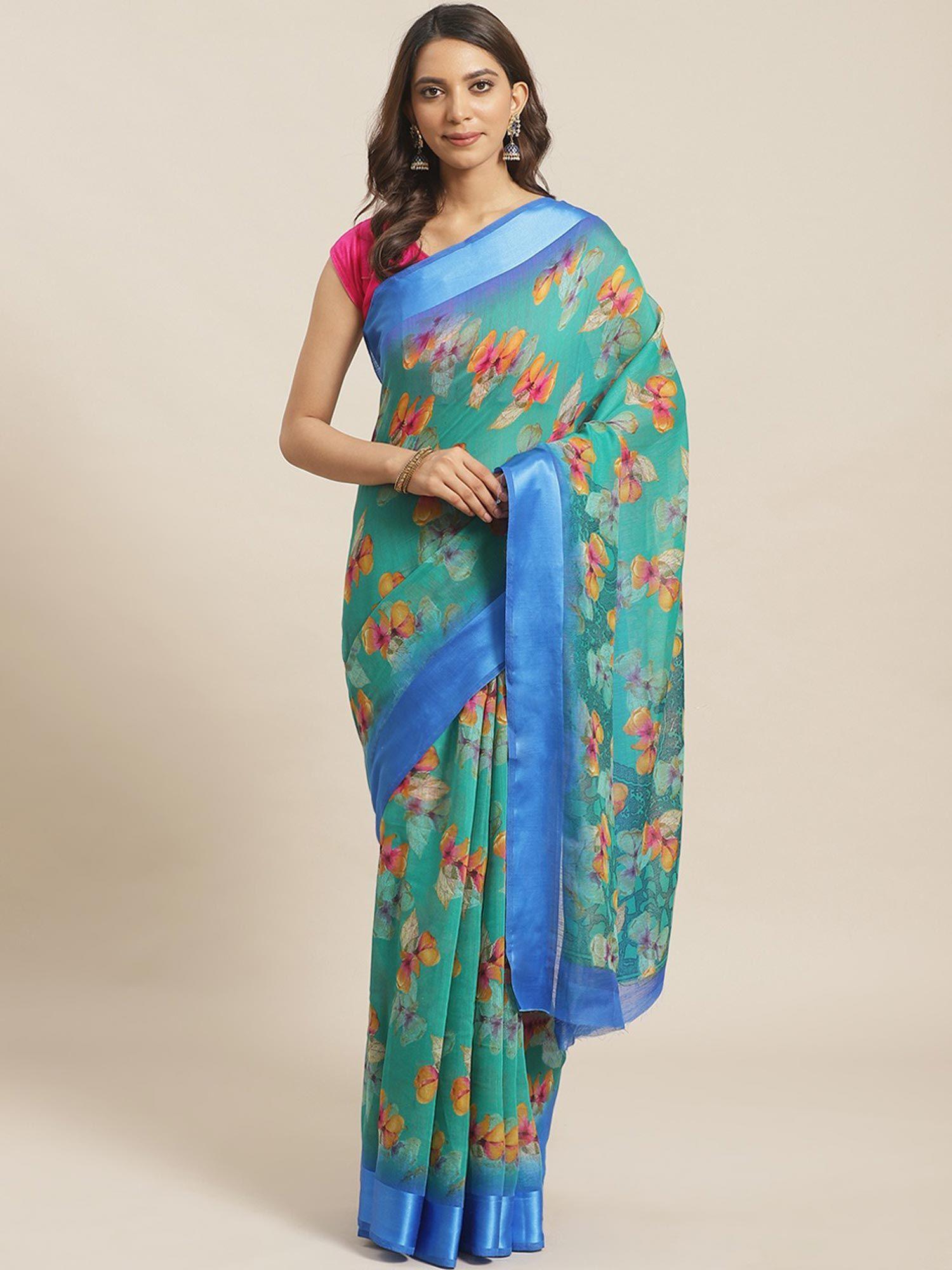 green printed saree with unstitched blouse