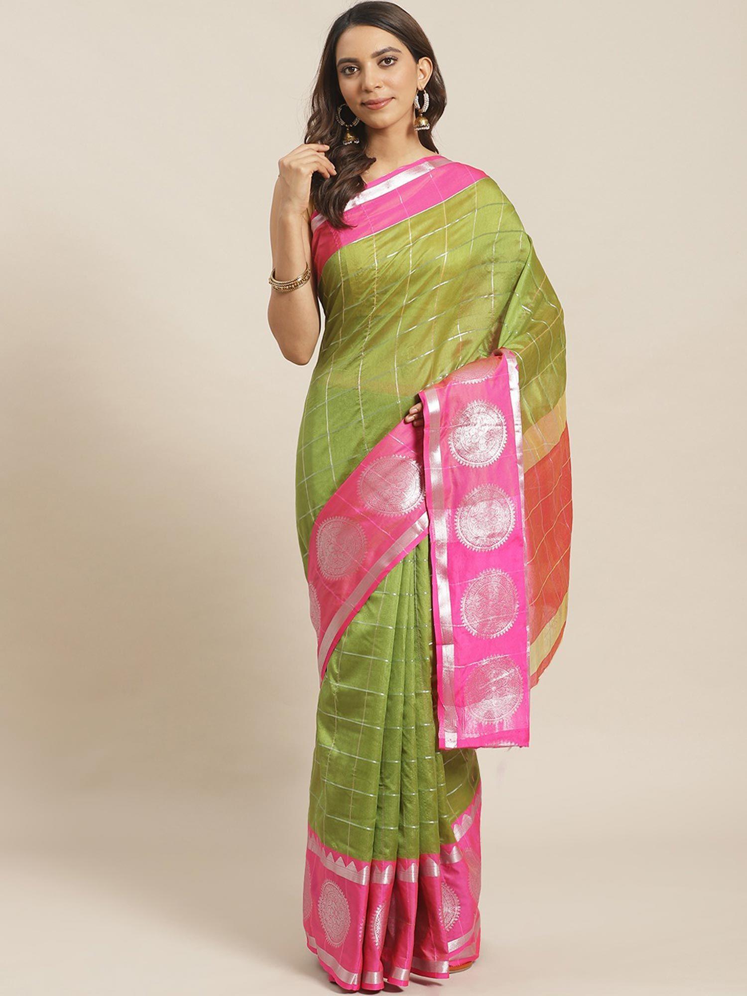 green printed saree with unstitched blouse