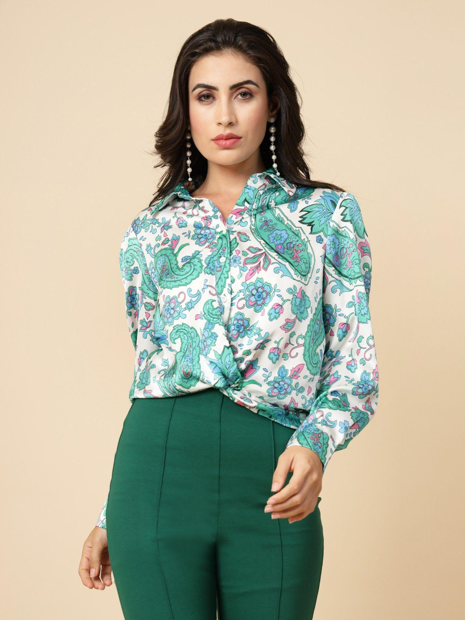 green printed satin top