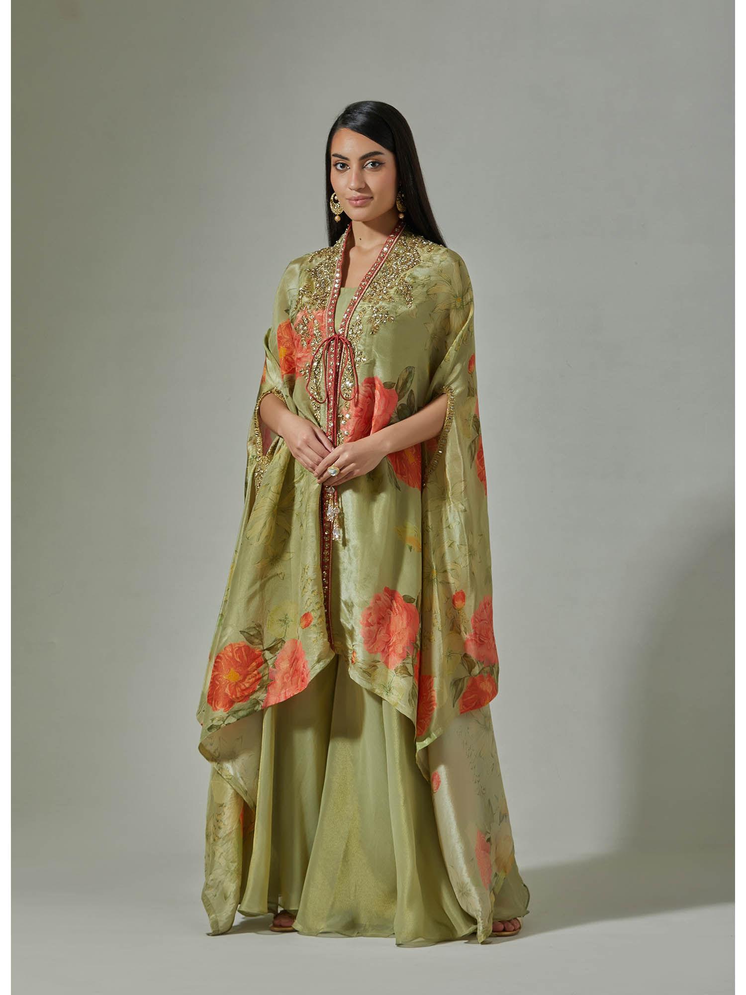 green printed sharara top with cape (set of 3)