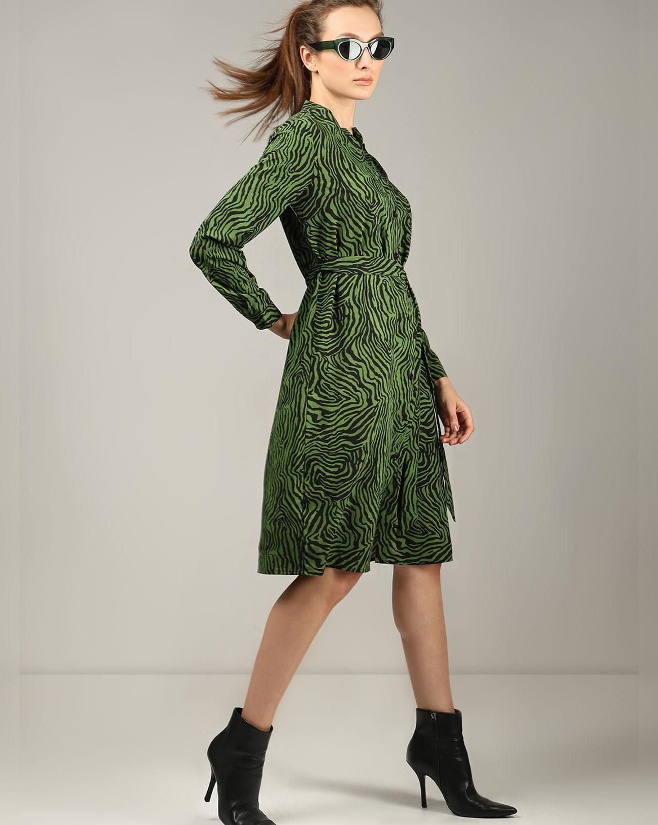 green printed shift dress