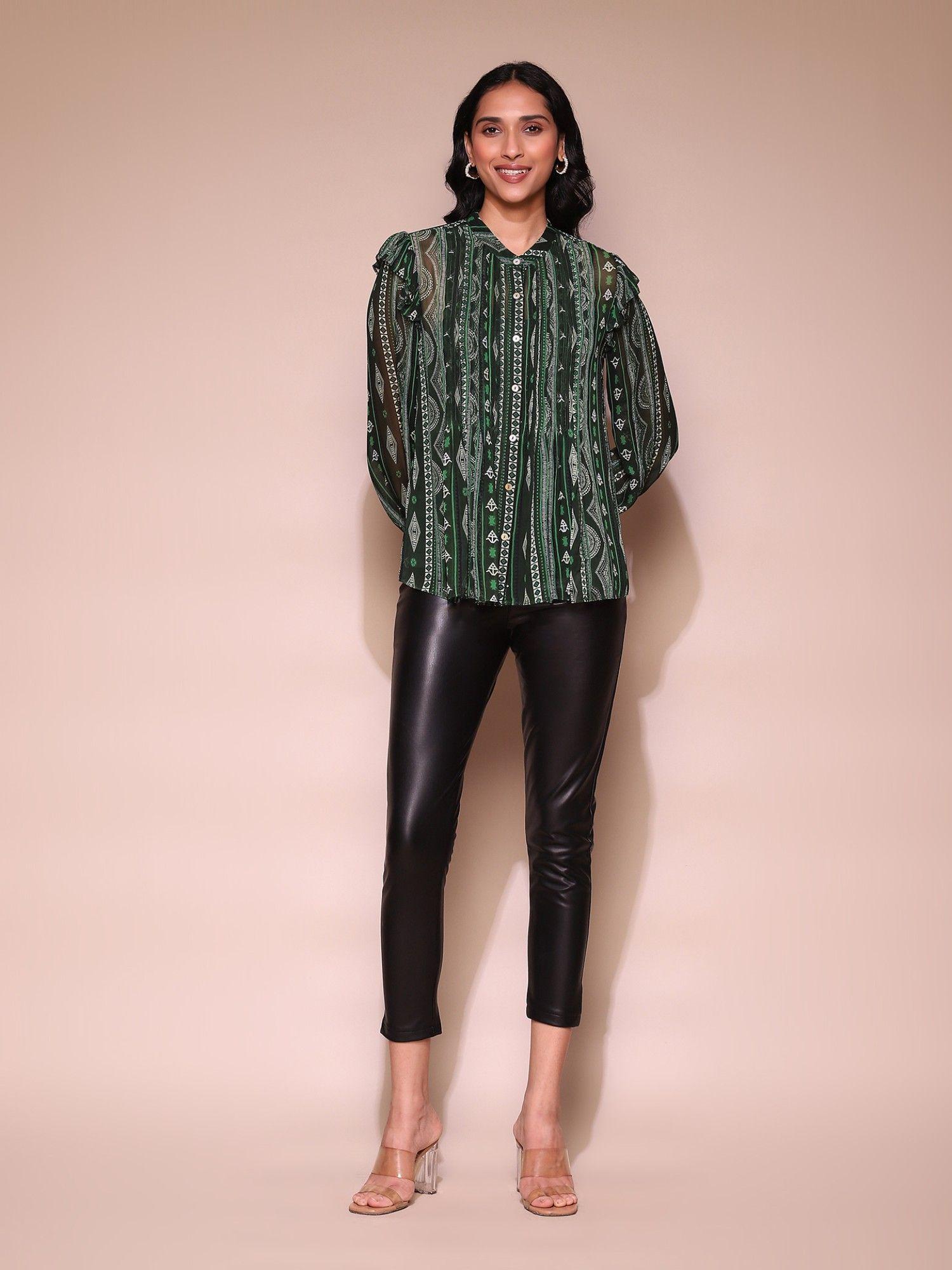 green printed shirt blouse with inner (set of 2)