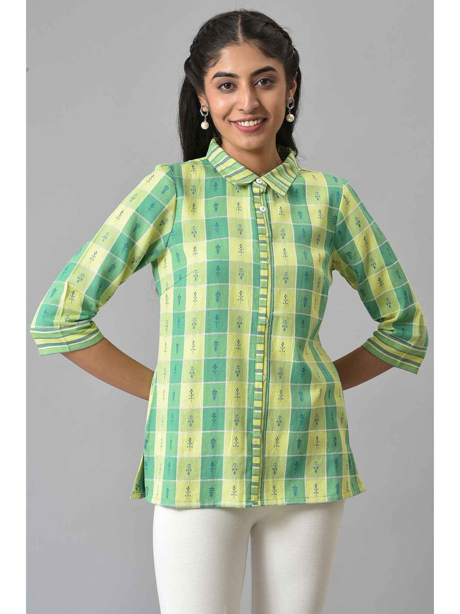 green printed shirt collar kurti