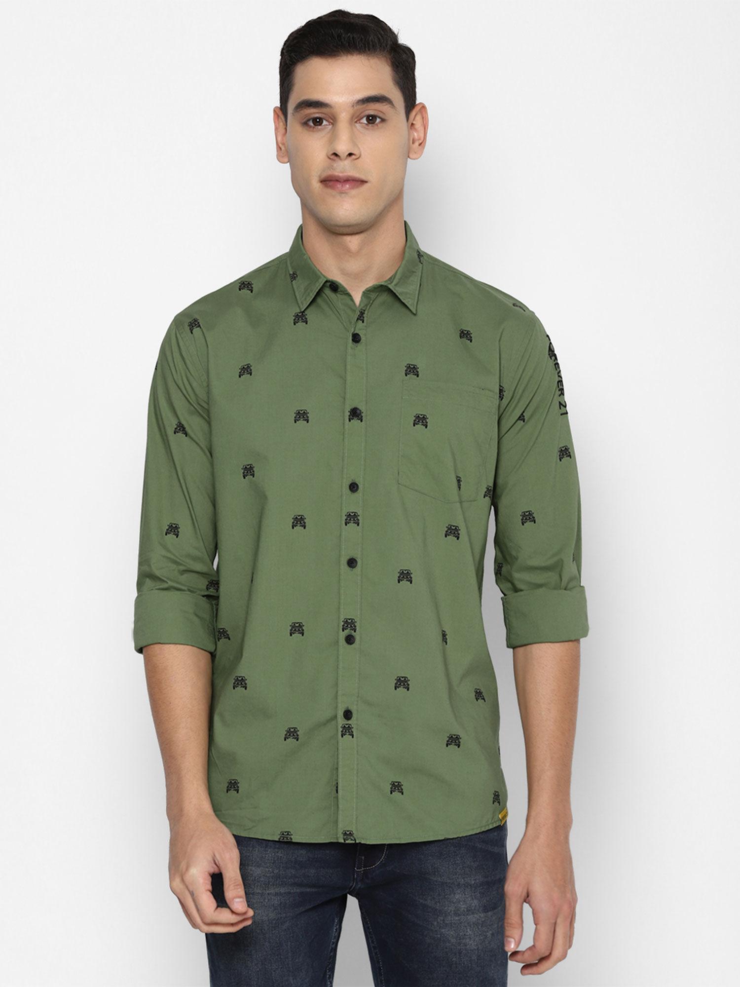 green printed shirt