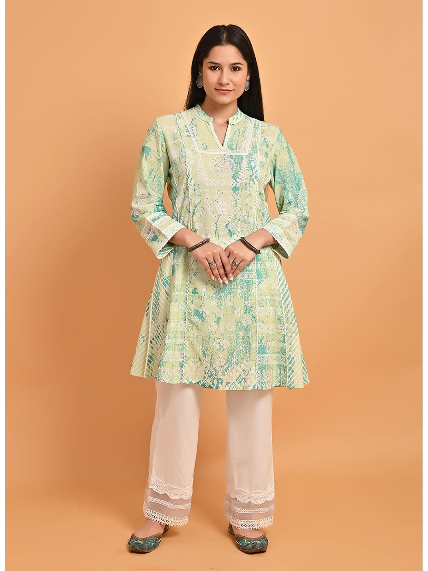 green printed short kurti for women with lace detailing