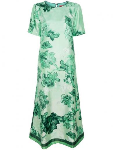 green printed silk long dress