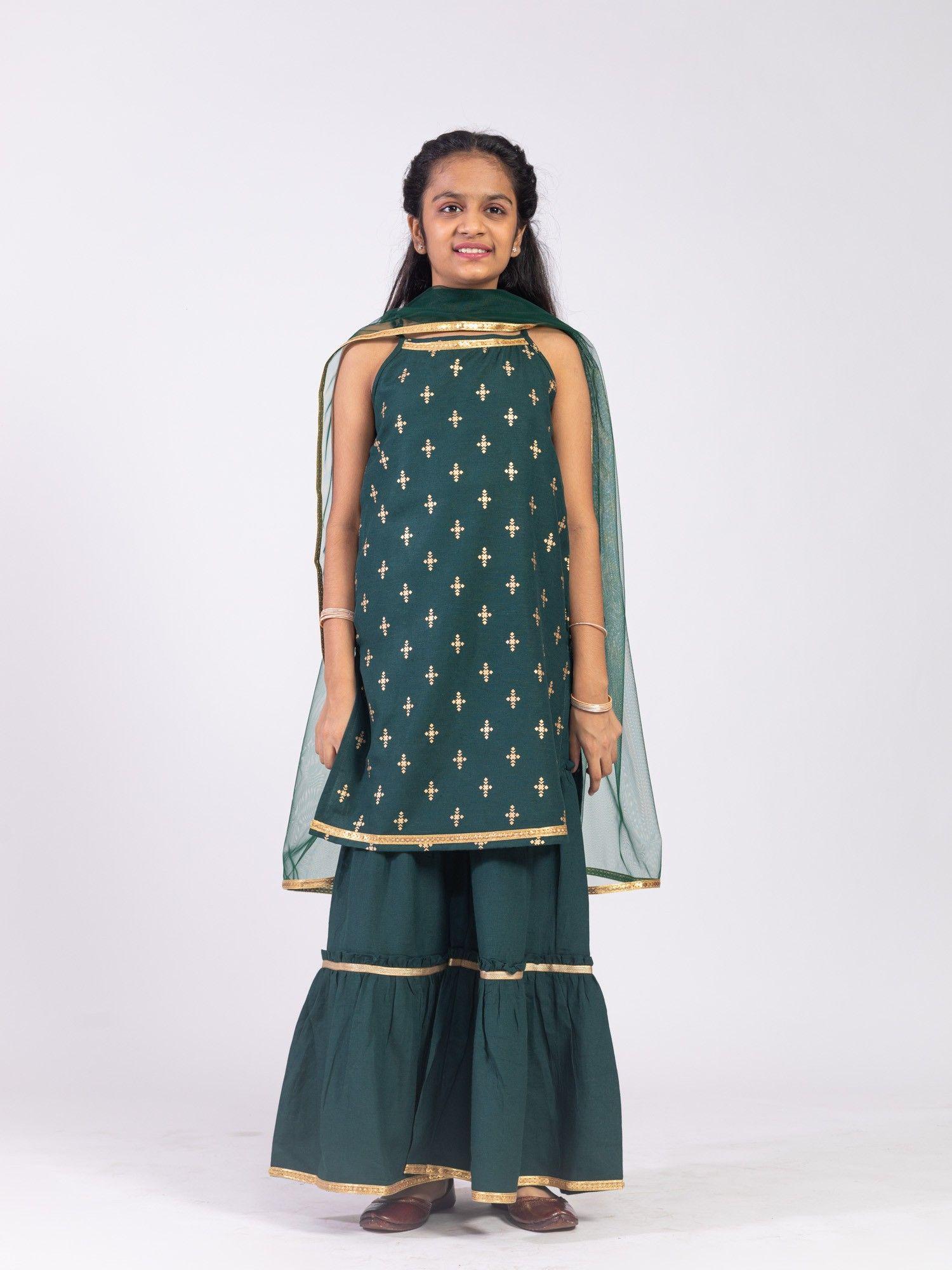 green printed sleeveless kurta with sharara and dupatta (set of 3)