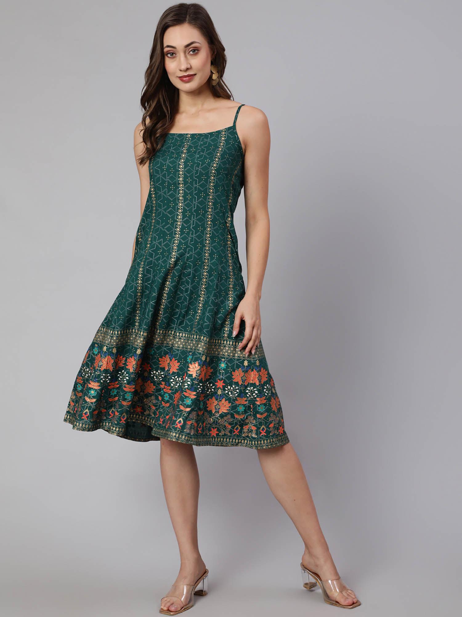 green printed strappy knee length dress