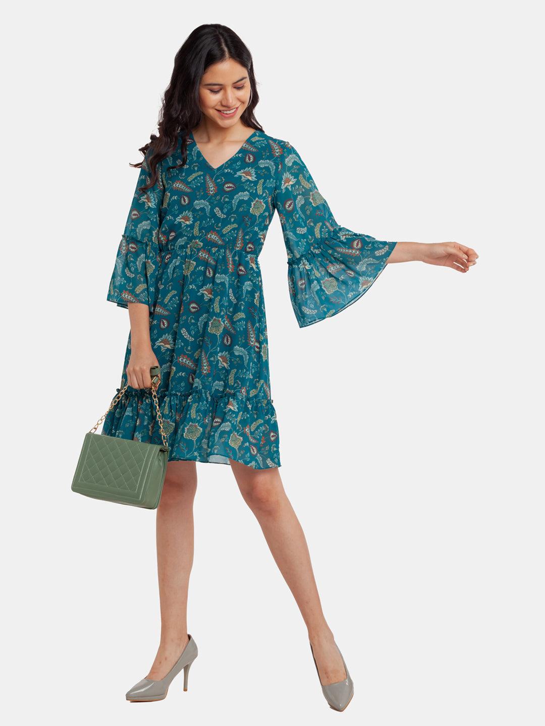 green printed tiered short dress for women