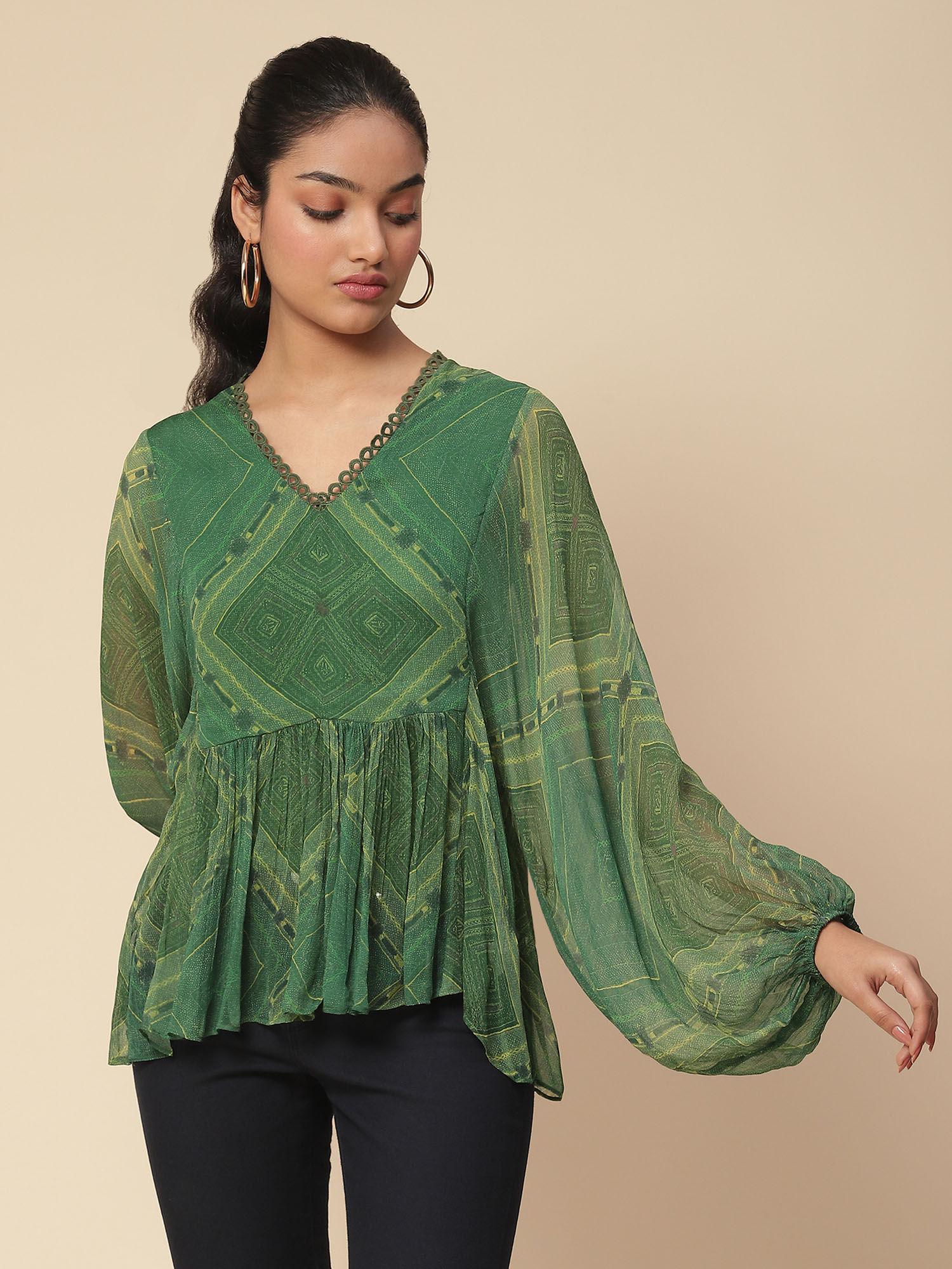 green printed top with camisole (set of 2)