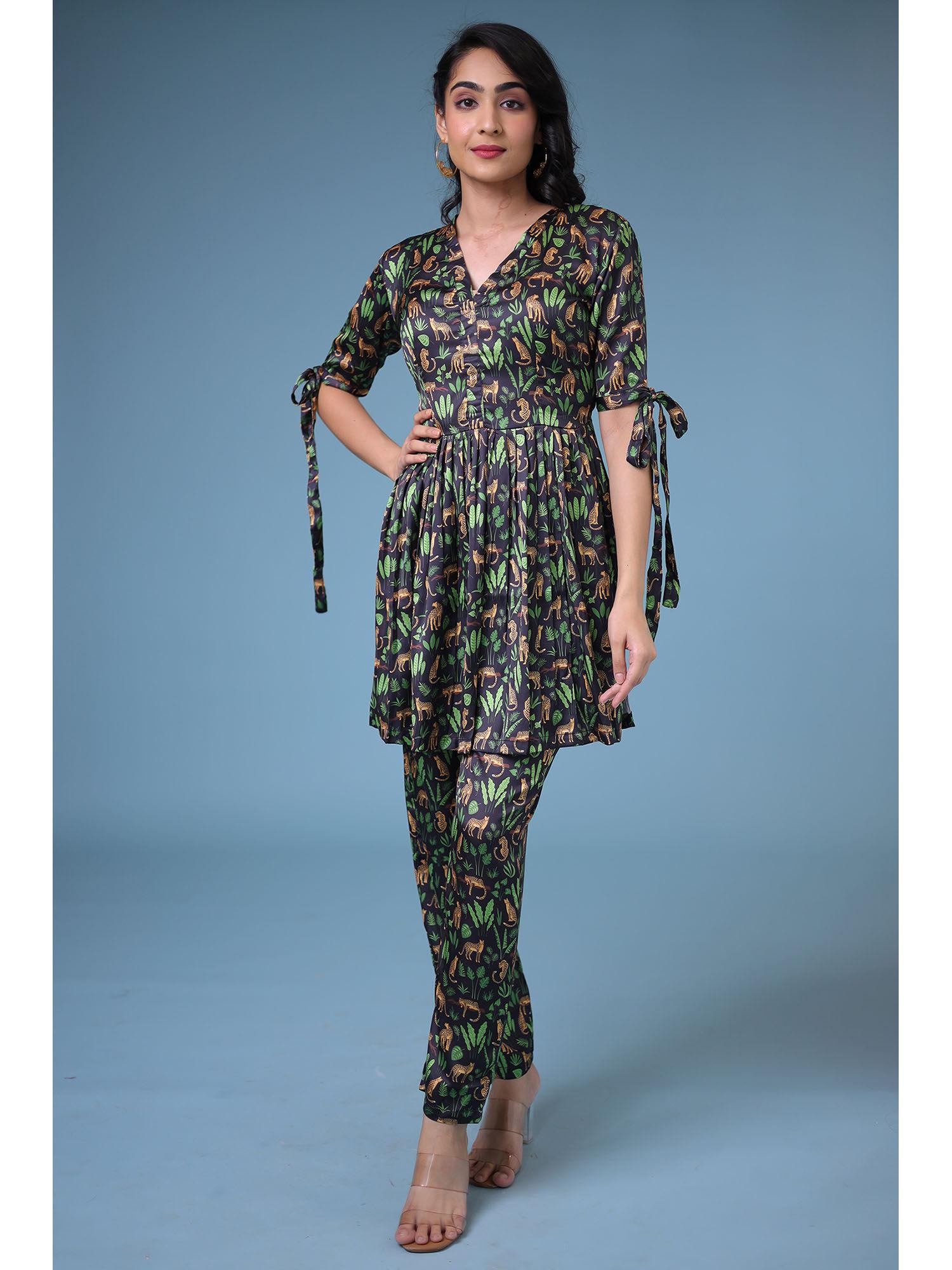 green printed tunic with pant (set of 2)