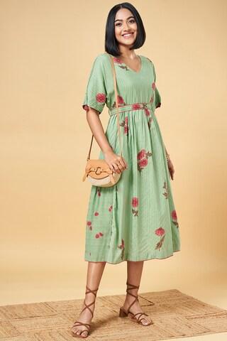 green printed v neck casual calf-length half sleeves women flared fit dress