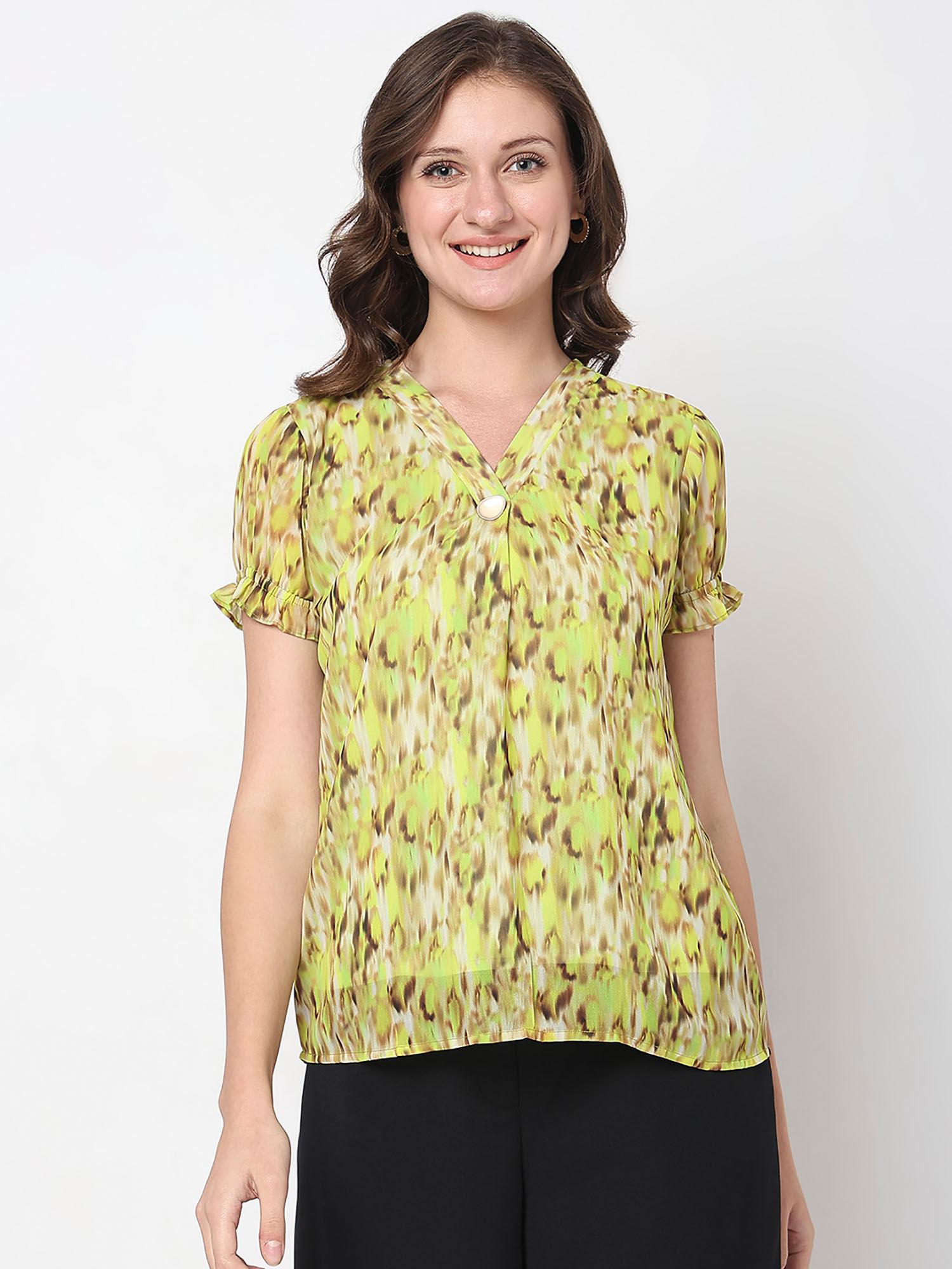 green printed v-neck top