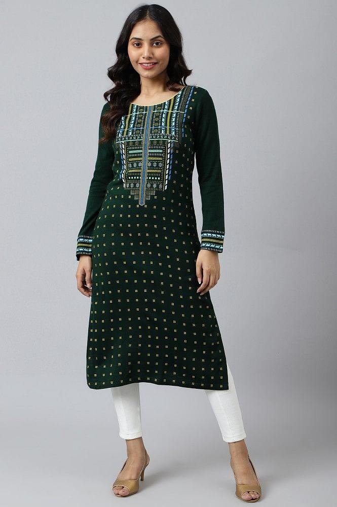 green printed winter kurta