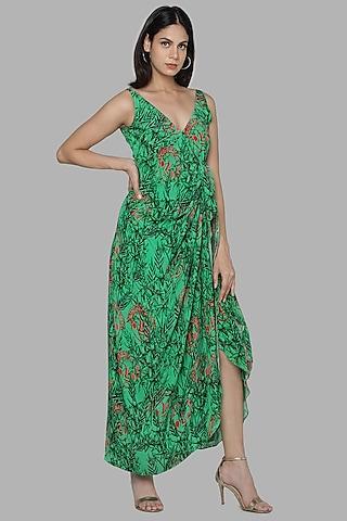 green printed wrap dress