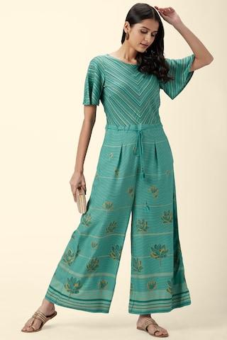 green printeded round neck ethnic ankle-length half sleeves women regular fit dress