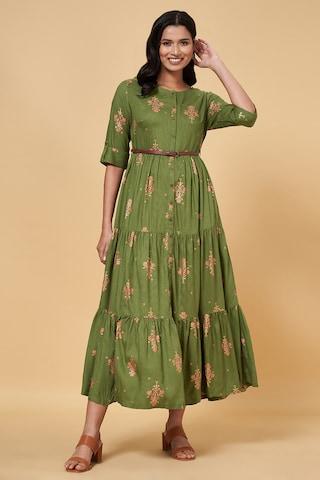 green printeded round neck ethnic full length elbow sleeves women regular fit dress