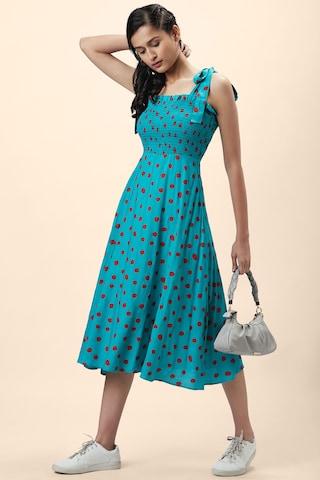 green printeded square neck casual calf-length sleeveless women flared fit dress