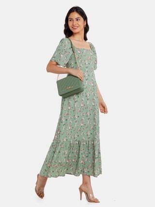 green printeded square neck party full length short sleeves women regular fit dress